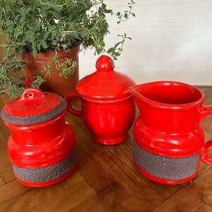 Vintage 1970s Laurentian Pottery red Fat Lava Sugar Cream and Milk Set
